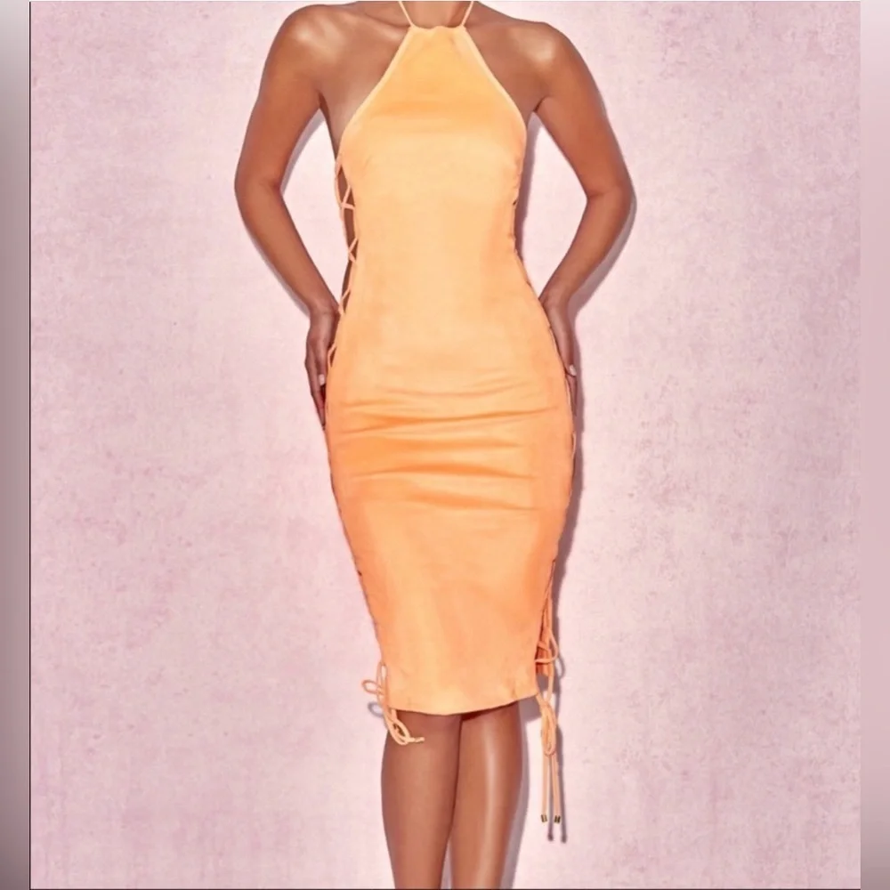 HOUSE OF CB Zabana Neon Orange Sexy Cut Out Lace Up Suedette Dress Large GUC